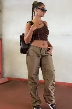 Rebellious Fashion Brown Nylon Parachute Tech Cargo Trousers - Anika