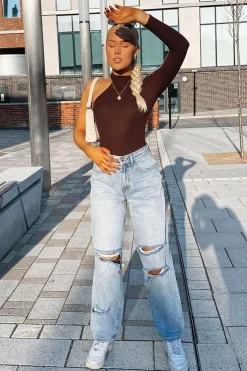 Rebellious Fashion Brown One Sleeve High Neck Bodysuit - Oakley