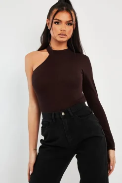 Rebellious Fashion Brown One Sleeve High Neck Bodysuit - Oakley