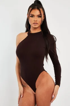 Rebellious Fashion Brown One Sleeve High Neck Bodysuit - Oakley