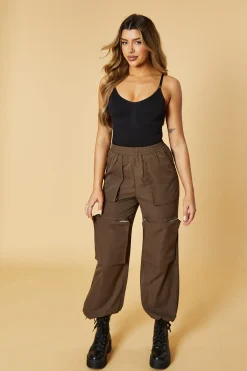 Rebellious Fashion Brown Oversized Pocket Detail Cargo Trousers - Juri