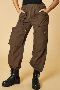 Rebellious Fashion Brown Oversized Pocket Detail Cargo Trousers - Juri