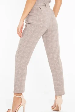 Rebellious Fashion Brown Pink Check Tie Waist Tapered Trousers - Nikita