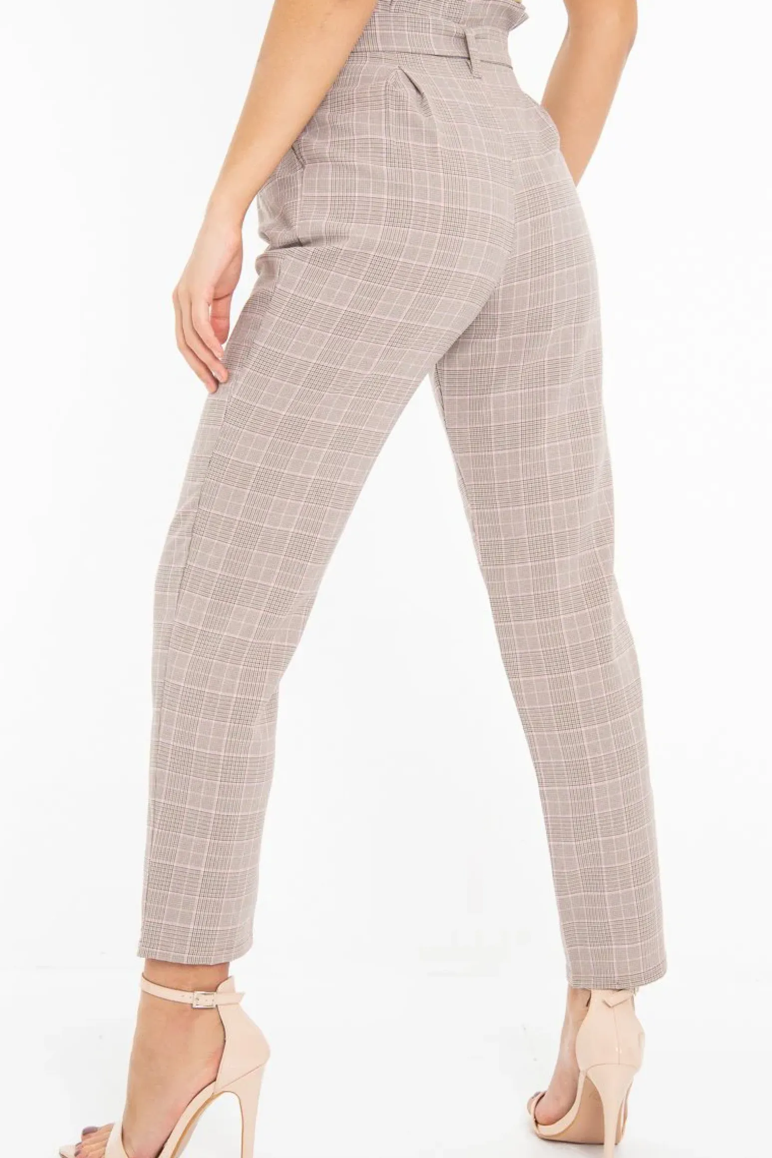 Rebellious Fashion Brown Pink Check Tie Waist Tapered Trousers - Nikita