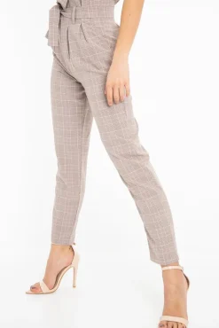 Rebellious Fashion Brown Pink Check Tie Waist Tapered Trousers - Nikita