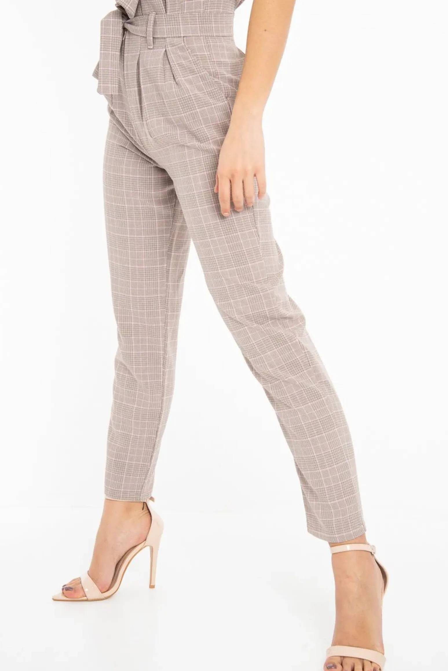Rebellious Fashion Brown Pink Check Tie Waist Tapered Trousers - Nikita