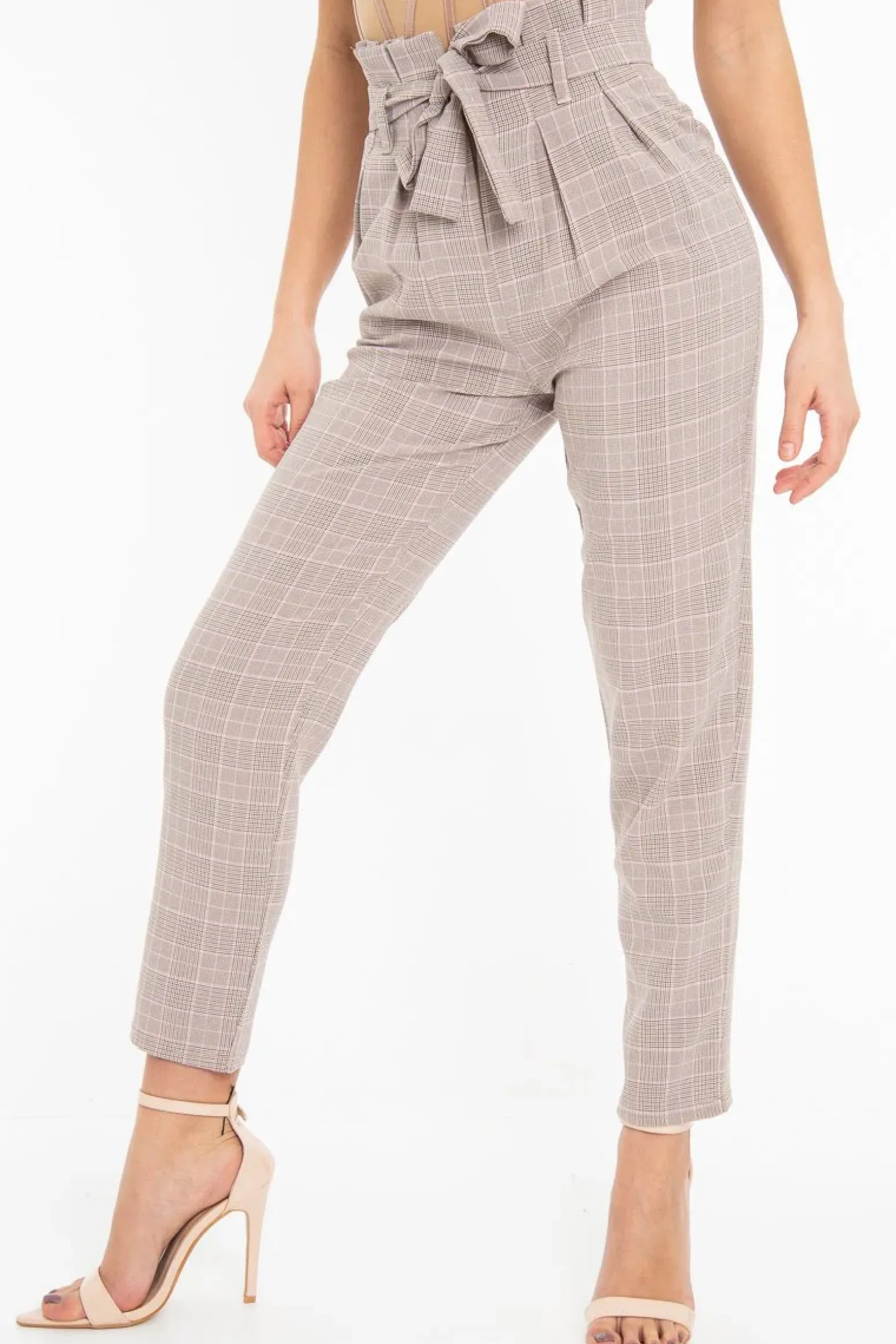 Rebellious Fashion Brown Pink Check Tie Waist Tapered Trousers - Nikita