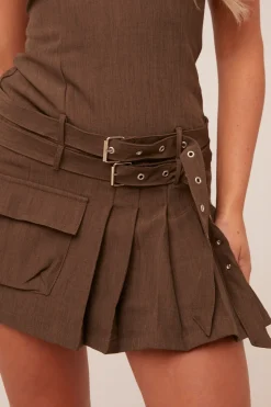 Rebellious Fashion Brown Pleat Detail Sleevless Mini Dress - Flora