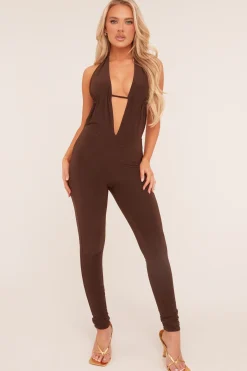 Rebellious Fashion Brown Plunge Halter Neck Jumpsuit - Liliana