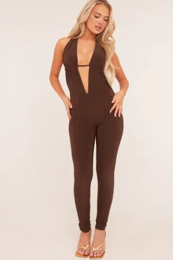 Rebellious Fashion Brown Plunge Halter Neck Jumpsuit - Liliana