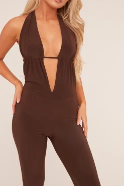 Rebellious Fashion Brown Plunge Halter Neck Jumpsuit - Liliana