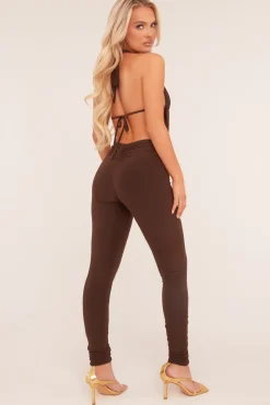 Rebellious Fashion Brown Plunge Halter Neck Jumpsuit - Liliana