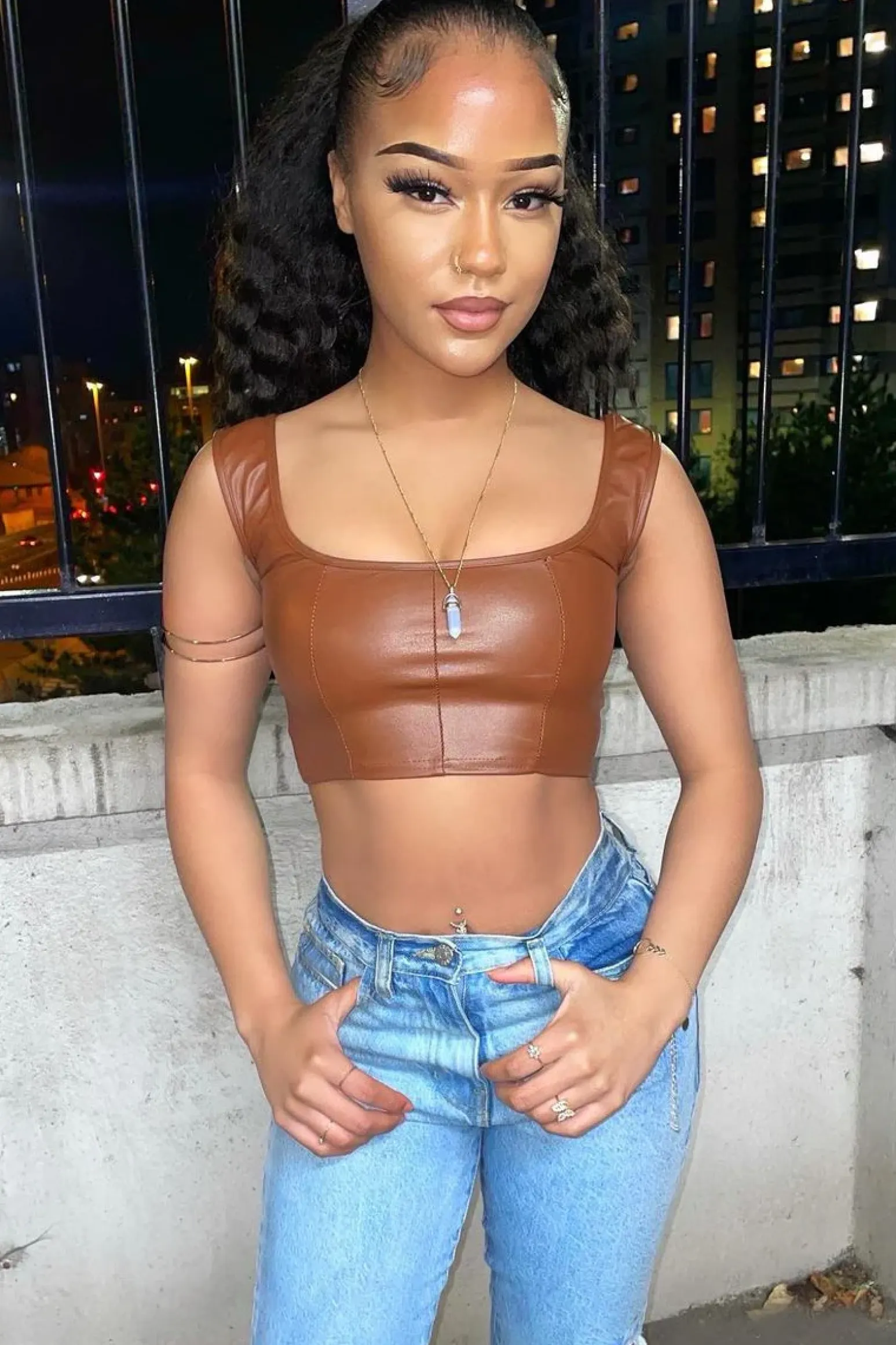Rebellious Fashion Brown PU Leather Corset Crop Top - Roxa