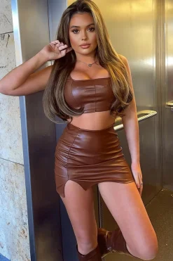 Rebellious Fashion Brown PU Leather Split Mini Skirt - Lyla