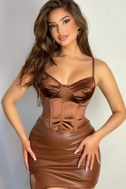 Rebellious Fashion Brown PU Leather Split Mini Skirt - Lyla