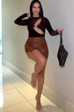 Rebellious Fashion Brown PU Leather Split Mini Skirt - Lyla
