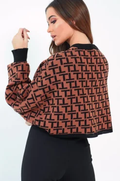 Rebellious Fashion Brown Repeat Print Crop Jumper - Ryhanna