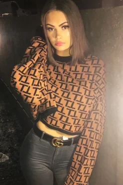 Rebellious Fashion Brown Repeat Print Crop Jumper - Ryhanna