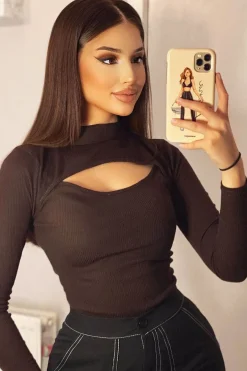 Rebellious Fashion Brown Ribbed Cut Out Detail Bodysuit - Murphie