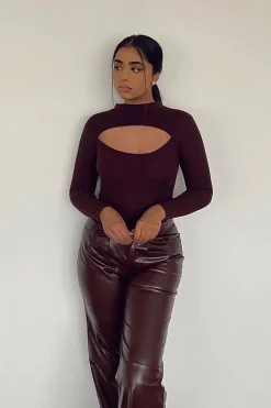 Rebellious Fashion Brown Ribbed Cut Out Detail Bodysuit - Murphie