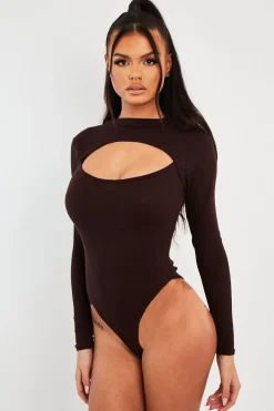 Rebellious Fashion Brown Ribbed Cut Out Detail Bodysuit - Murphie