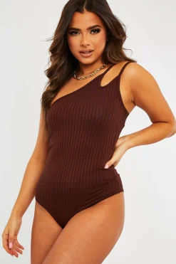 Rebellious Fashion Brown Ribbed Double Strap One Shoulder Bodysuit - Lavia
