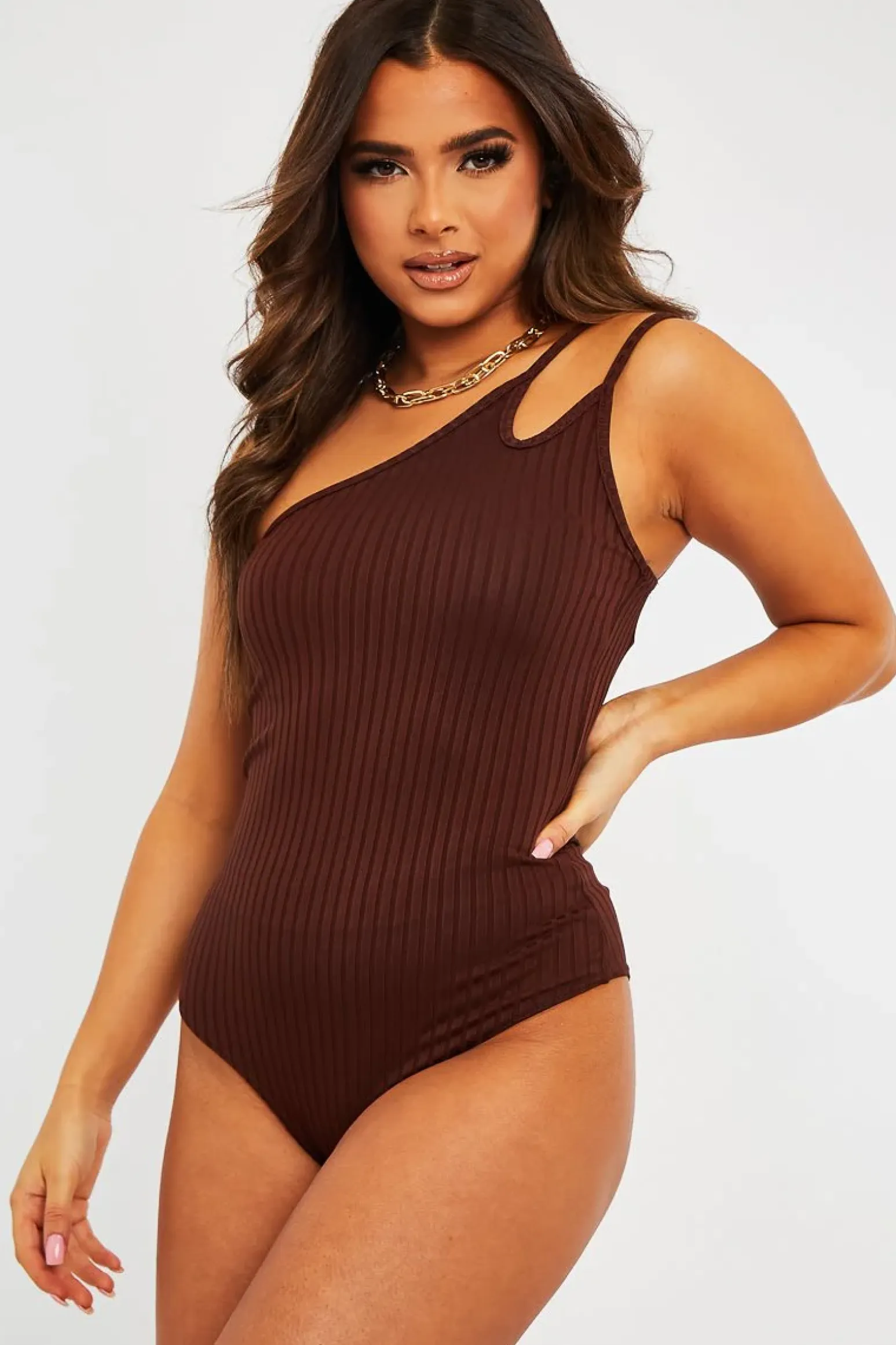 Rebellious Fashion Brown Ribbed Double Strap One Shoulder Bodysuit - Lavia