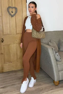 Rebellious Fashion Brown Ribbed Side Split Leggings - Enzie