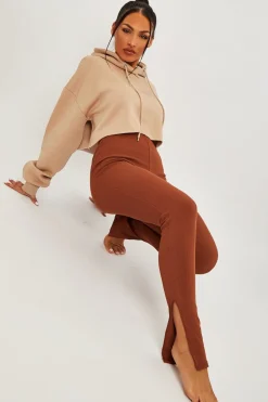 Rebellious Fashion Brown Ribbed Side Split Leggings - Enzie