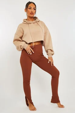 Rebellious Fashion Brown Ribbed Side Split Leggings - Enzie