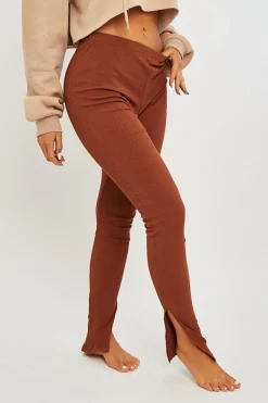 Rebellious Fashion Brown Ribbed Side Split Leggings - Enzie