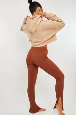 Rebellious Fashion Brown Ribbed Side Split Leggings - Enzie