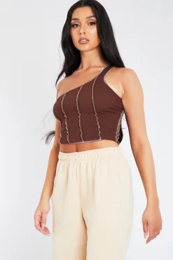 Rebellious Fashion Brown Rib One Sleeve Crop Top - Zaniah