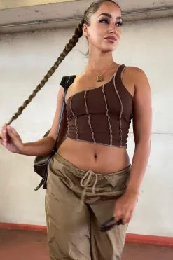 Rebellious Fashion Brown Rib One Sleeve Crop Top - Zaniah