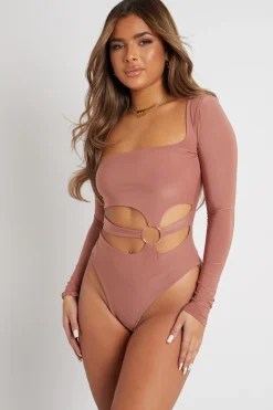 Rebellious Fashion Brown Ring Detail Front Cut Out Bodysuit - Ryelee