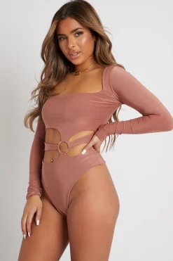 Rebellious Fashion Brown Ring Detail Front Cut Out Bodysuit - Ryelee