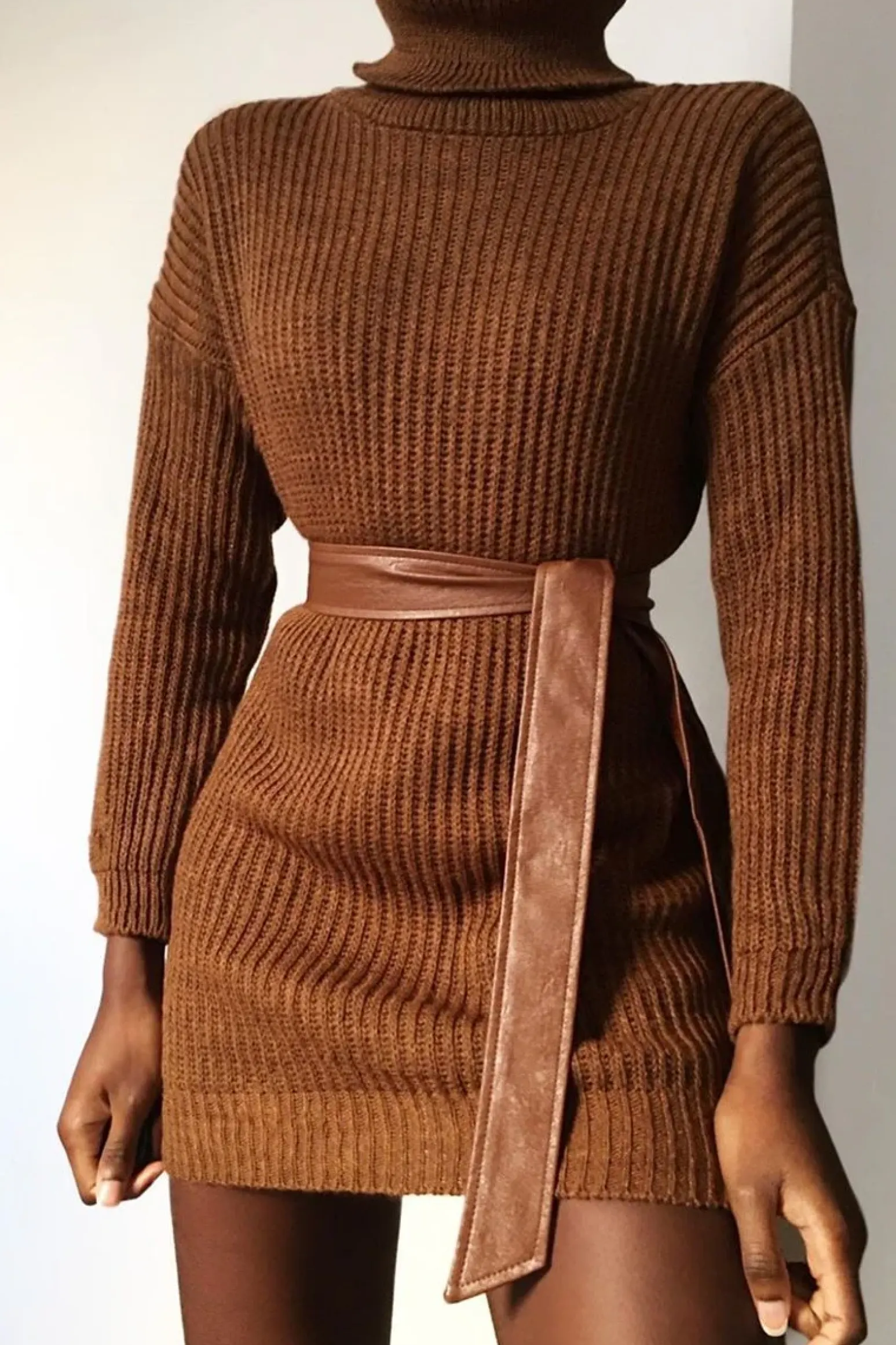 Rebellious Fashion Brown Roll Neck Mini Jumper Dress - Dariyana