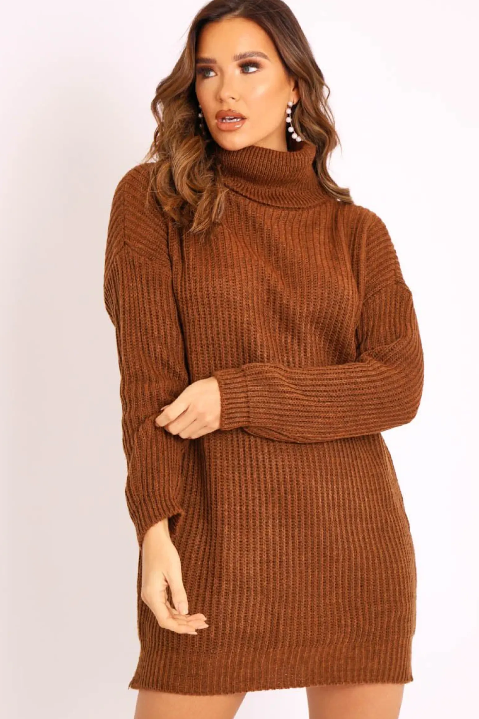 Rebellious Fashion Brown Roll Neck Mini Jumper Dress - Dariyana