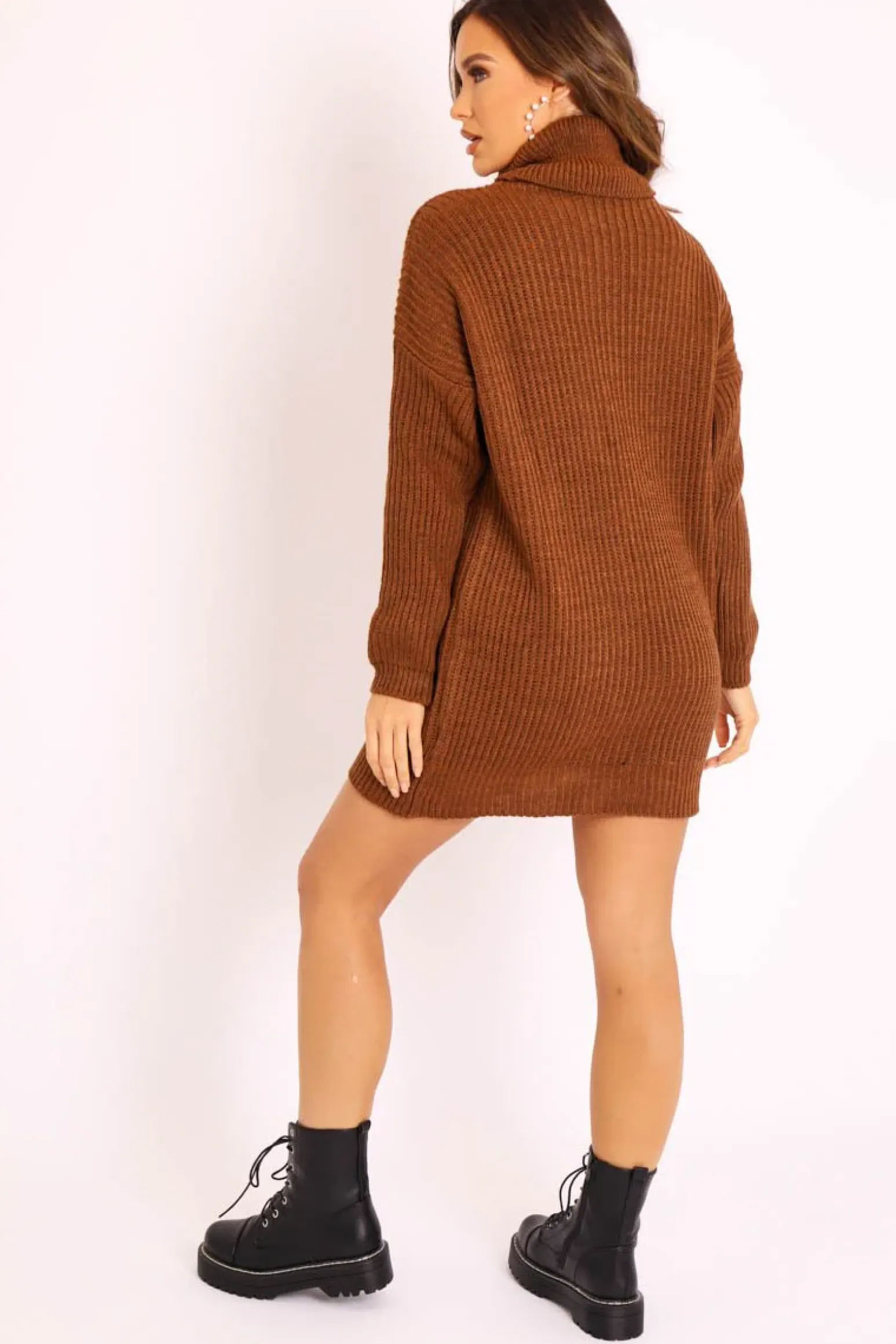 Rebellious Fashion Brown Roll Neck Mini Jumper Dress - Dariyana