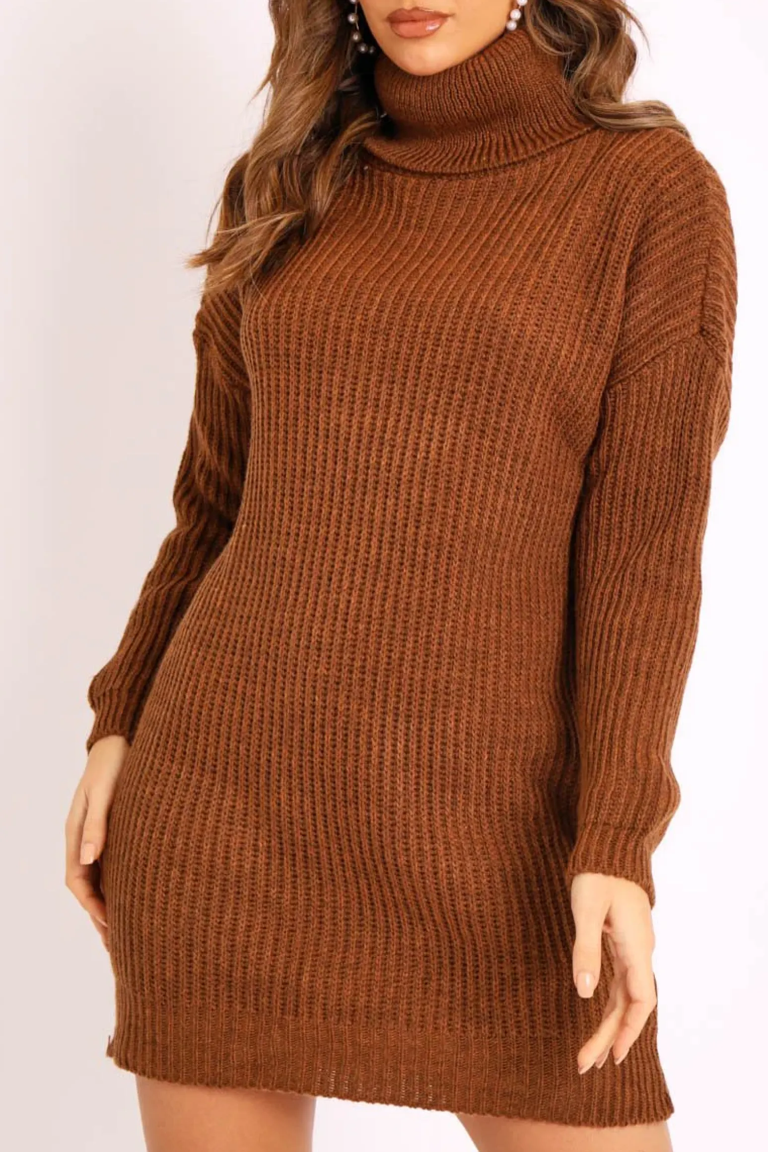 Rebellious Fashion Brown Roll Neck Mini Jumper Dress - Dariyana