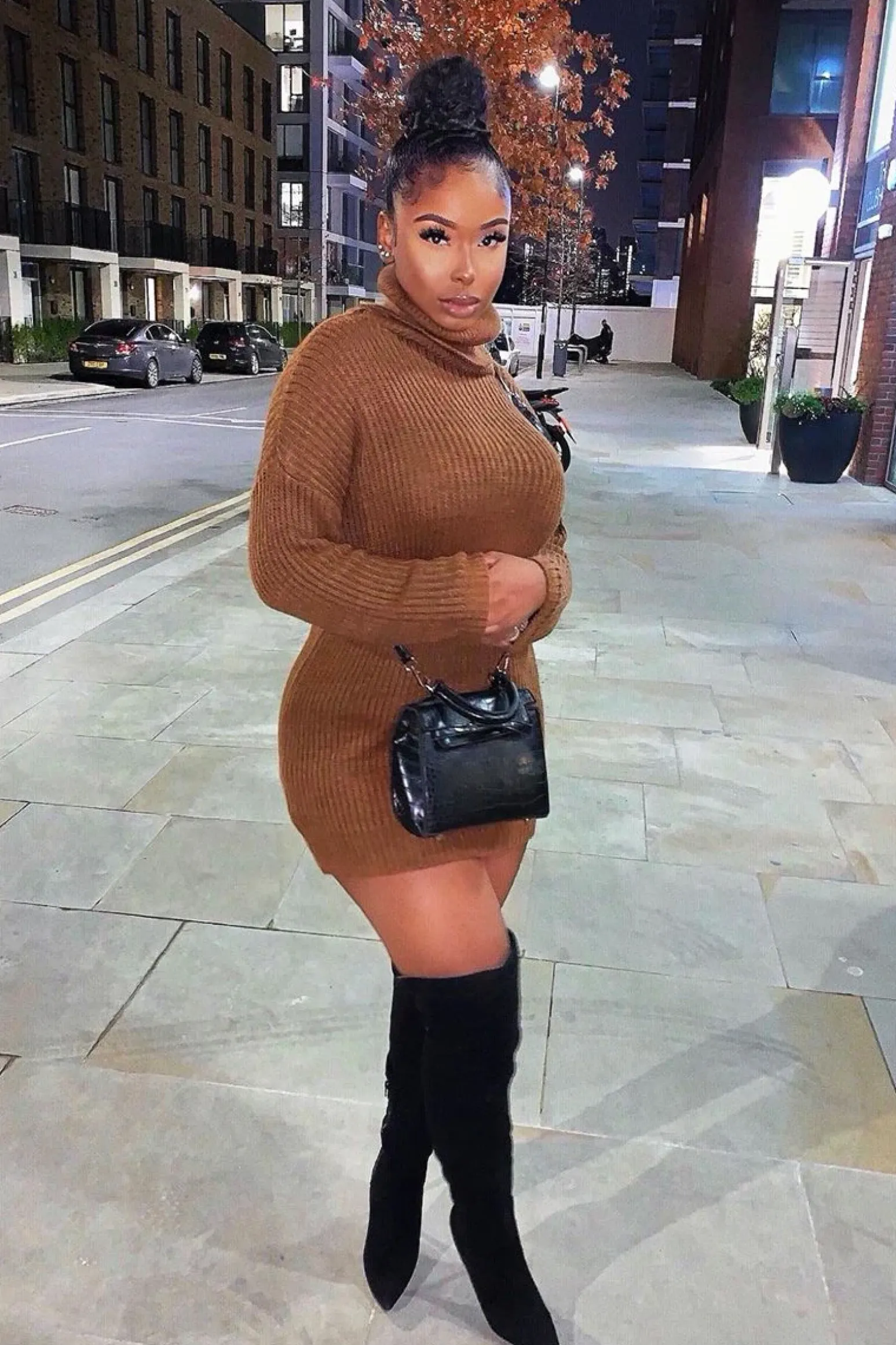 Rebellious Fashion Brown Roll Neck Mini Jumper Dress - Dariyana