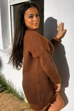 Rebellious Fashion Brown Roll Neck Mini Jumper Dress - Dariyana