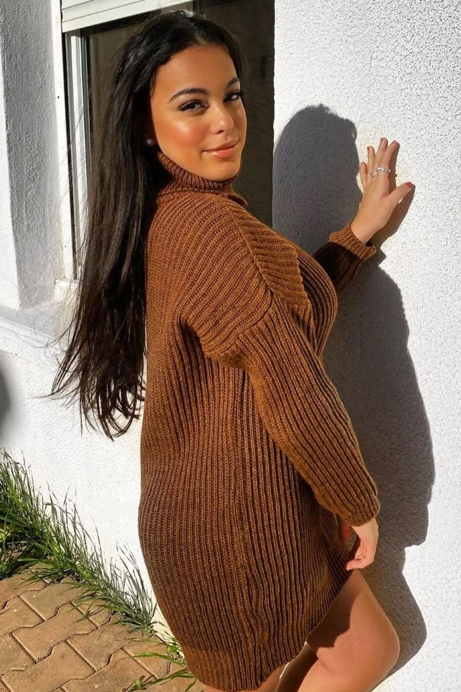 Rebellious Fashion Brown Roll Neck Mini Jumper Dress - Dariyana