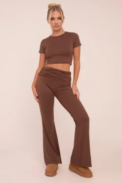 Rebellious Fashion Brown Round Neck Cropped Top & Flared Leg Trousers Co-ord - Charlett