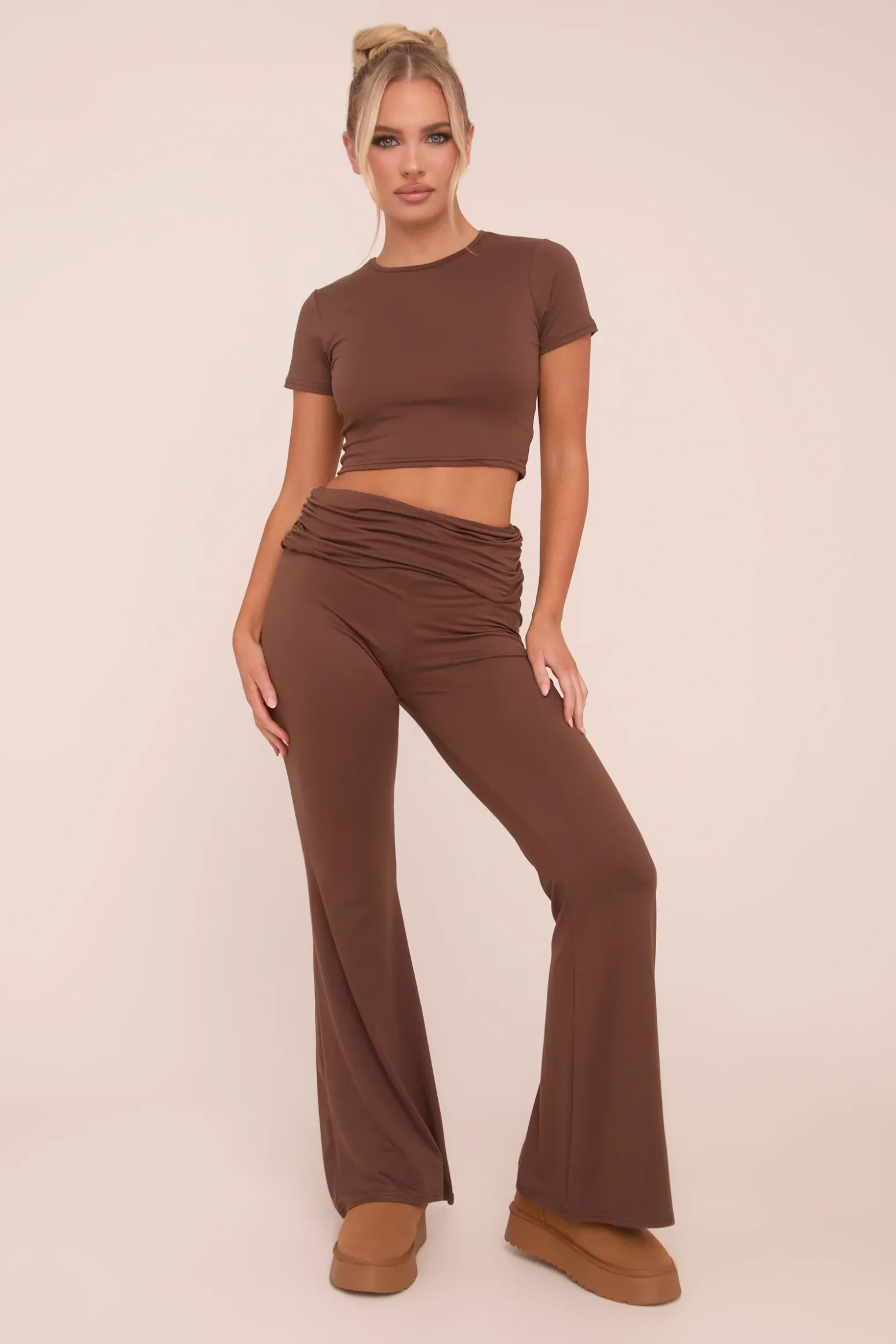 Rebellious Fashion Brown Round Neck Cropped Top & Flared Leg Trousers Co-ord - Charlett
