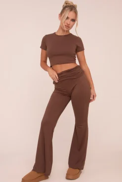 Rebellious Fashion Brown Round Neck Cropped Top & Flared Leg Trousers Co-ord - Charlett