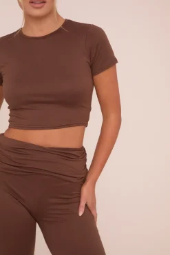 Rebellious Fashion Brown Round Neck Cropped Top & Flared Leg Trousers Co-ord - Charlett