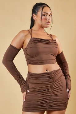 Rebellious Fashion Brown Ruched Cropped Top & Ruched Mini Skirt Co-ord Set - Adaline
