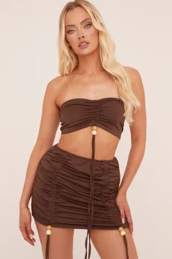 Rebellious Fashion Brown Ruching Detail Bandeau Cropped Top & Mini Skirt Co-ord Set - Trisa