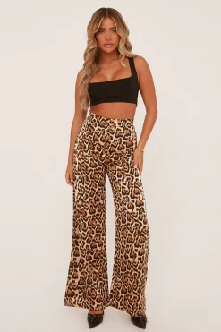 Rebellious Fashion Brown Satin Leopard Print Wide Leg Trousers - Keisha